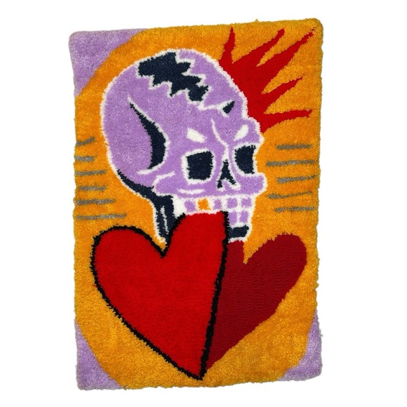 Other - Hand Tufted Rug Or Wall Art By Mexican Tattoo Artist 22" x 32" Skull Hearts